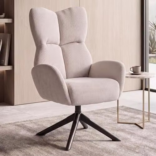 Sillón de salón giratorio Mendler HWC-Q54 con tapizado de pana en color beige y estructura de madera de eucalipto y metal