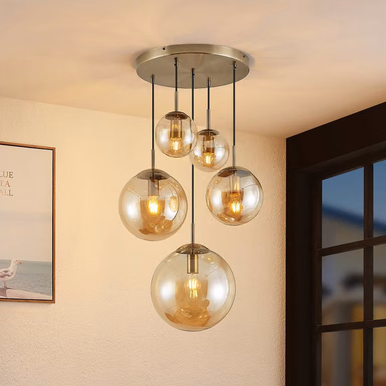 Lámpara colgante de cristal Lindby Teeja en color ámbar para salón o comedor con 5 luces y regulable