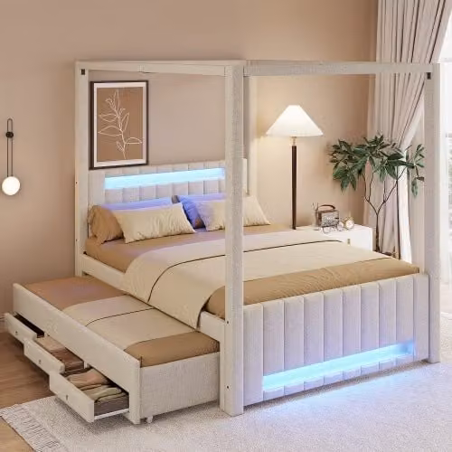 Cama con dosel OKWISH para adultos con cama nido, 3 cajones e iluminación LED, color beige, An/P/Al: 140 x 200 x 141,5 cm