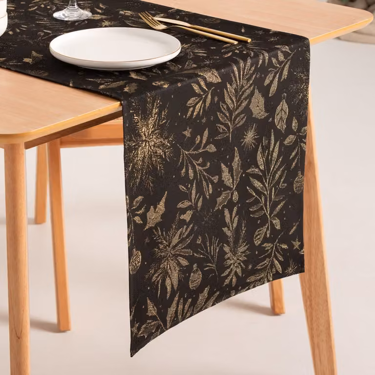 Camino de mesa de Navidad Gamusi en jacquard de algodón, diseño floral clásico, color negro y oro, An/P: 45 x 135 cm