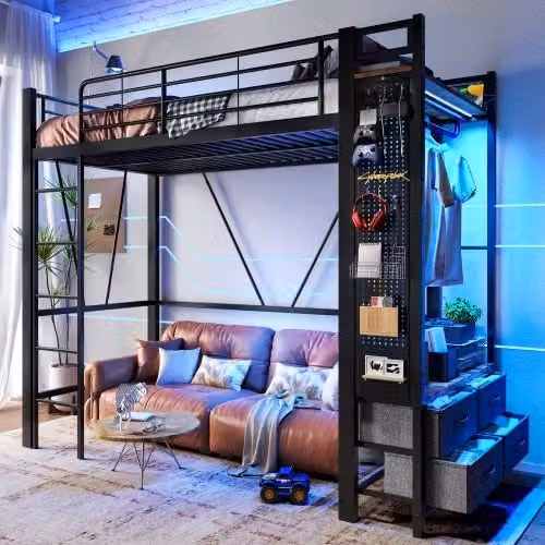 Cama alta OKWISH de 90x200 cm con escritorio, estantes, 4 cajones, puertos USB y Type-C y tira LED en color negro