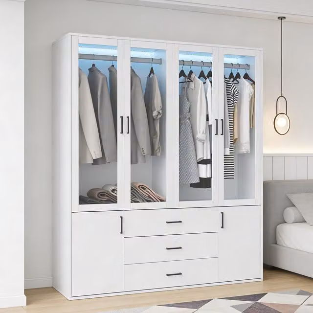 Armario Moderno NMONET Blanco con 4 Puertas de Cristal, 2 Puertas de Madera, 3 Cajones e Iluminación LED, An/P/Al: 160 x 50 x 180 cm