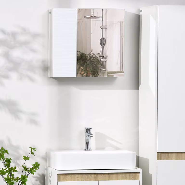 Armario de baño kleankin con espejo, 2 puertas y estantes ajustables, diseño moderno para colgar, Blanco, An/P/Al: 48 x 15 x 45 cm