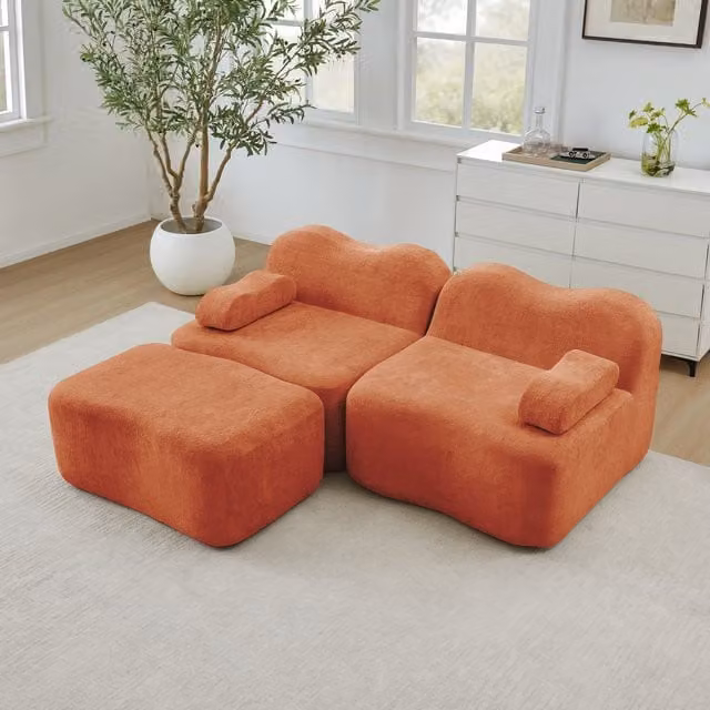 Sofá Modular Kellany de 2 Plazas en Forma de L con Otomana, Diseño Ondulado en Tejido Boucle y Terciopelo, Color Naranja
