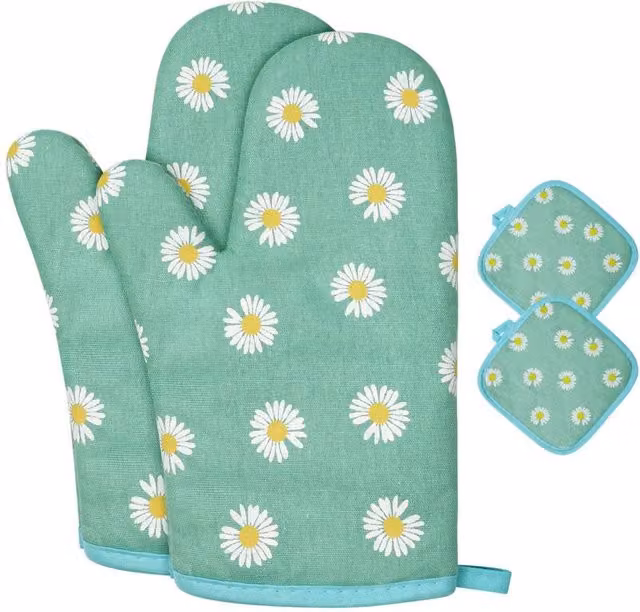 Guantes de cocina y agarradores de XISRENS de algodón con diseño de flores verdes, resistentes al calor y antideslizantes