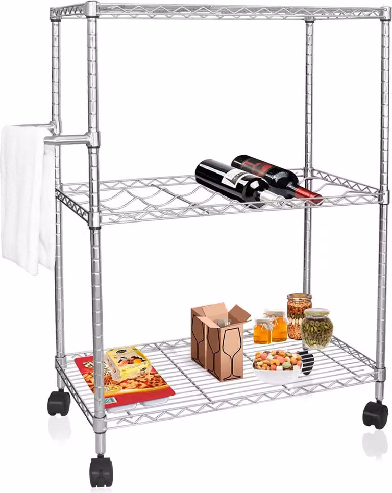 Carrito de cocina Vigo de Floordirekt con 3 niveles en color plata y acabado metalizado brillante