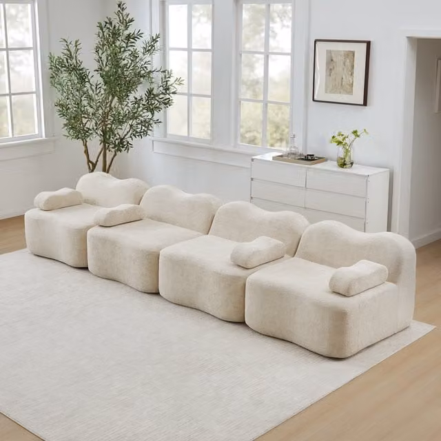 Sofá Modular de 4 Plazas KELLANY con Forma Ondulada y Tapizado en Boucle Beige para Salón