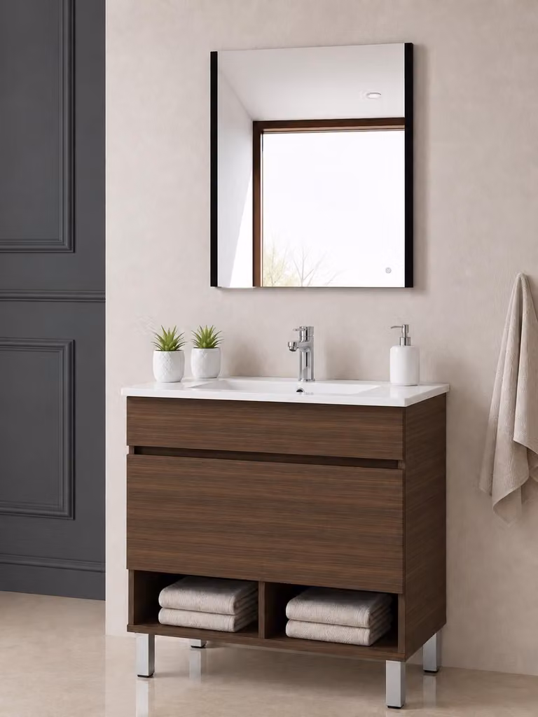 Mueble de baño con lavabo ORIGEN BATH NEBARI en madera de fresno teñida, An/P/Al: 90 x 45 x 82 cm