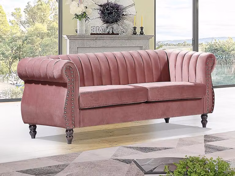 Sofá Chesterfield de 3 plazas TRUMBO tapizado en terciopelo rojo y rosa con estructura de madera sólida