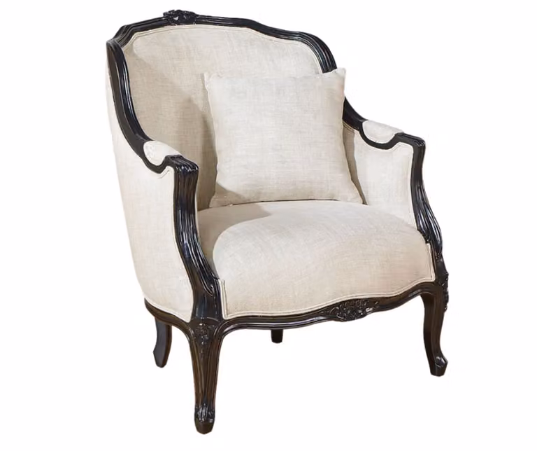 Sillón clásico Robin des Bois de madera de hevea con tapizado de lino en negro y beige