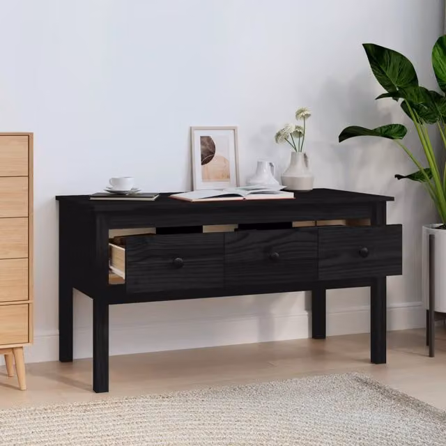 Mesa de centro rectangular de madera maciza de pino SYFAX en color negro An/P/Al: 102 x 49 x 55 cm