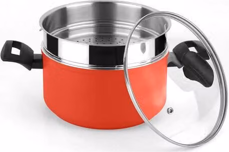 Olla vaporera Fagor Maxima de aluminio forjado con cesta de acero inoxidable y tapa de cristal, antiadherente sin PFOA, color rojo, Diámetro: 20 cm