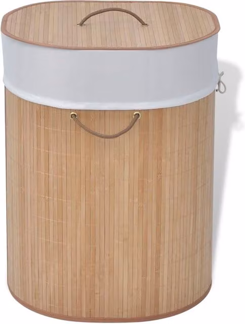 Cesta de ropa ovalada de bambú natural con bolsa textil extraíble y asas, colores beige, marrón y multicolor, An/P/Al: 45 x 35 x 60 cm