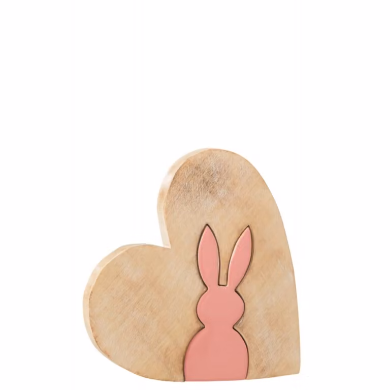 Decoración de corazón sintético con conejo de madera rosa J-line An/P/Al: 23 x 23 x 2 cm