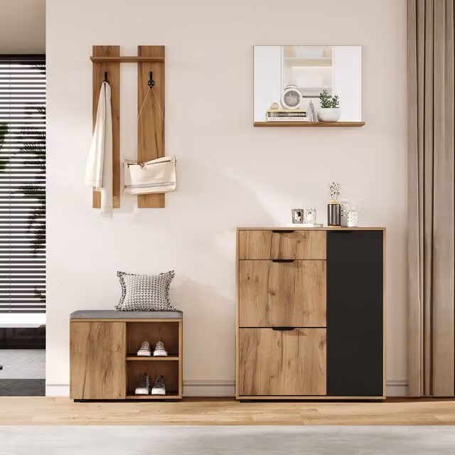 Conjunto de armario de entrada moderno DREAMMESPACE con banco para zapatos, zapatero, espejo y estantes en color natural, An/P/Al: 140 x 35 x 139 cm
