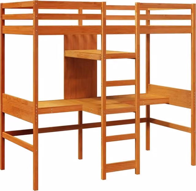 Cama alta individual SYFAX de madera maciza de pino en color marrón con acabado encerado y compartimentos laterales, 90x190 cm