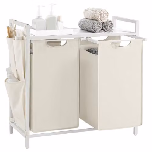 VASAGLE Cesto doble para ropa sucia con estante y bolsas de tela extraíbles, blanco, An/P/Al: 73 x 33 x 72 cm