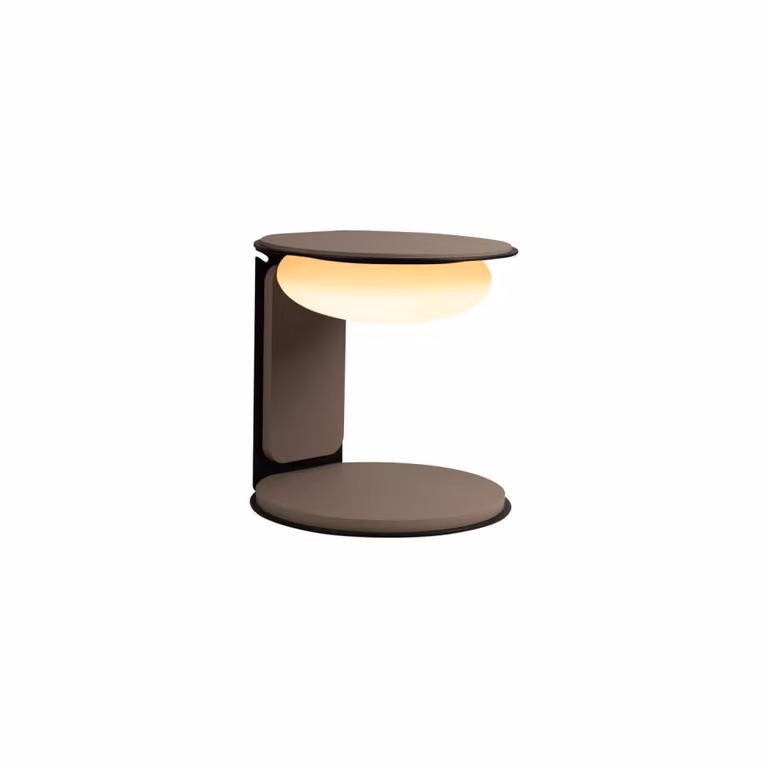 Lámpara de mesa moderna Lucide con LED regulable en tonos marrón y beige con base de madera, metal y cristal