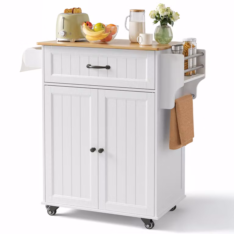 Carro rodante Bealife AK61 blanco con superficie de trabajo, 2 cajones, estante para especias y soporte para toallas, An/P/Al: 45 x 65 x 91 cm