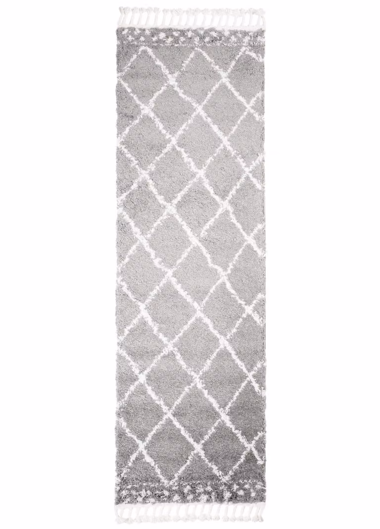Alfombra de pasillo Tapiso con diseño de cuadros y flecos en gris y beige, An/Al: 100 x 400 cm
