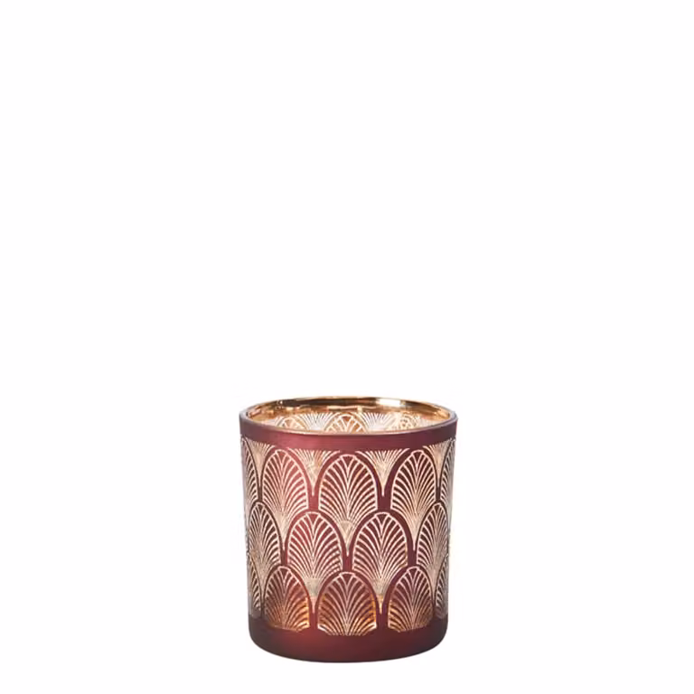 Portavelas decorativo de vidrio Sia Deco en rojo y dorado con diseño geométrico art deco para velas pillar o tealight