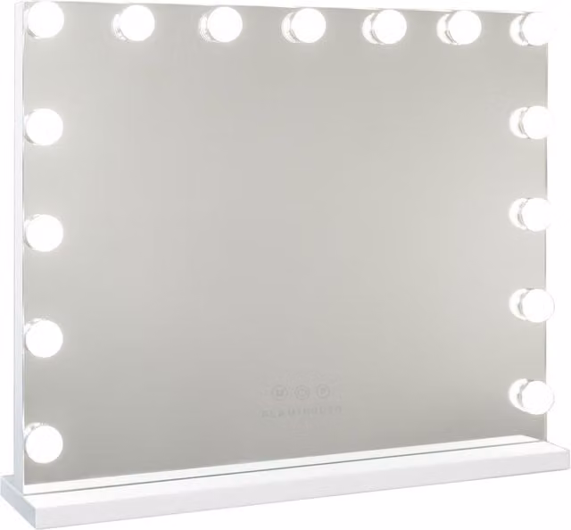 Espejo de maquillaje Flamingueo con luz LED de 15 bombillas, diseño moderno de pared, color blanco, An/P/Al: 58 x 46 x 12 cm