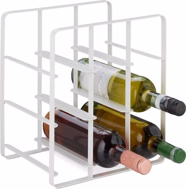 Botellero para 9 botellas de vino Relaxdays de hierro con acabado mate en color blanco, An/P/Al: 30 x 27,5 x 20 cm