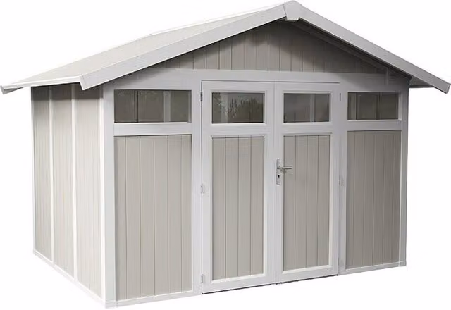 Caseta para jardín Utility Grosfillex en PVC verde grisáceo con doble puerta y cerradura, An/Pr: 370 x 298 cm
