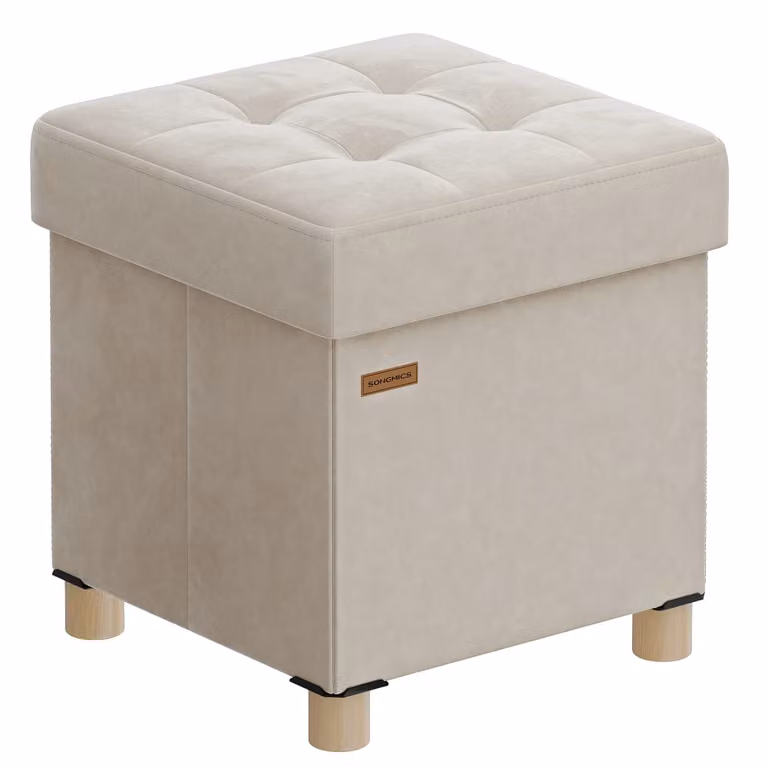 Puff de almacenaje plegable Songmics en terciopelo beige con capacidad de 37 l, An/P/Al: 38 x 38 x 40 cm