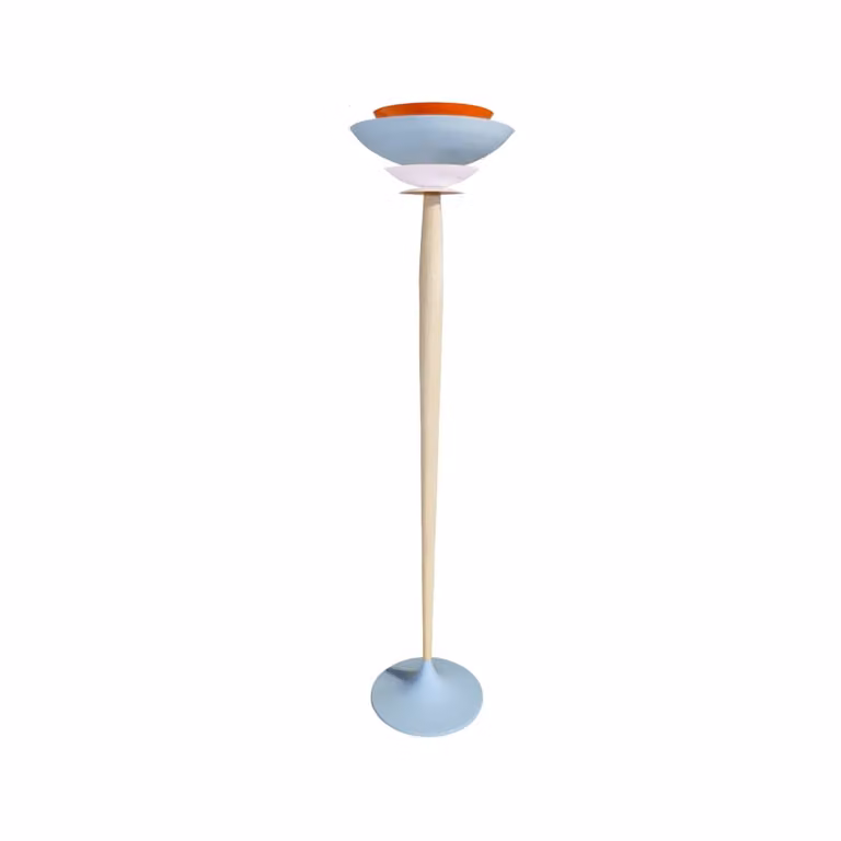 Lámpara de pie Tosel de madera y metal con pantalla multicolor azul, beige y amarillo, Altura: 160 cm, Diámetro: 43 cm
