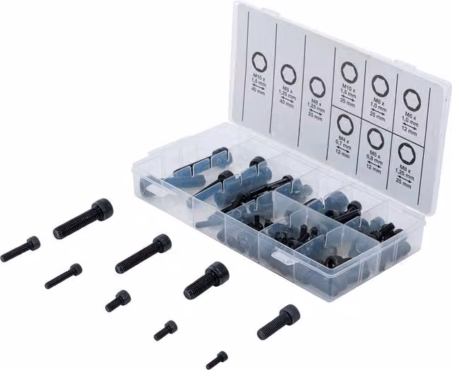 Surtido de 106 tornillos de cabeza cilíndrica con hexágono interior BGS Technic en color negro y acabado pavonado de clase 8.8