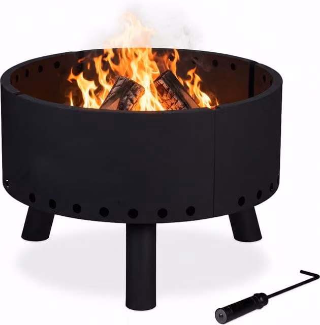 Brasero de acero Relaxdays con escudo térmico y atizador, color negro, An/P/Al: 58,5 x 58,5 x 40,5 cm