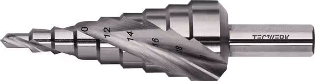 Broca escalonada de acero rápido HSS Tecwerk de 4 a 20 mm con 9 niveles en color plata de NORDWEST HANDEL AG