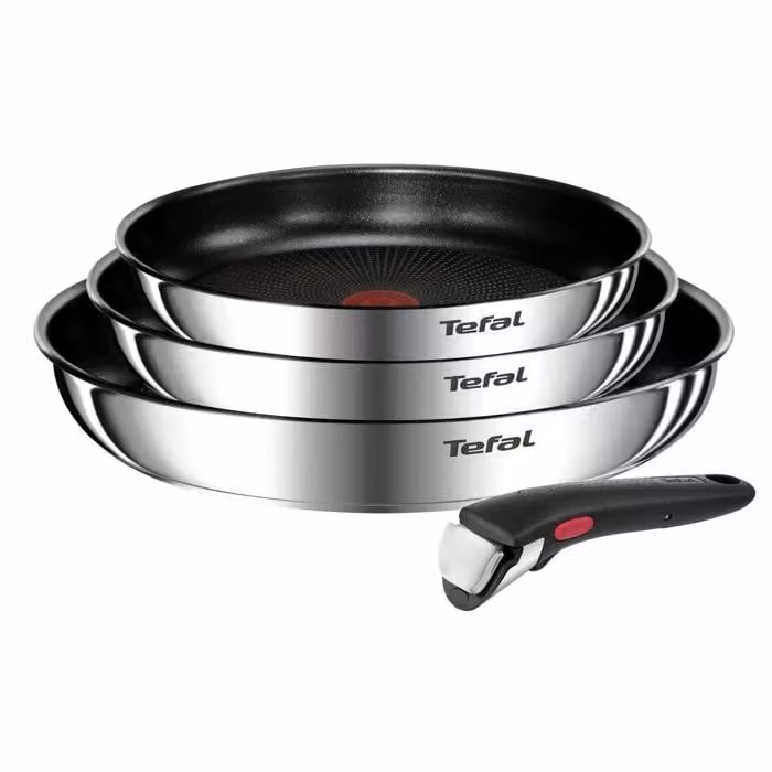 Juego de sartenes Tefal Ingenio Emotion de acero inoxidable color plata con revestimiento antiadherente, mango extraíble y diseño apilable, apto para horno, An: 28 cm