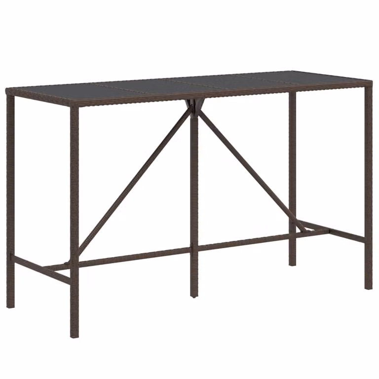 Mesa alta de bar Syfax con superficie de vidrio y ratán en color marrón y negro, diseño moderno rectangular, An/P/Al: 180 x 70 x 110 cm