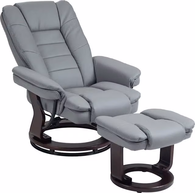 Sillón reclinable con reposapiés NORTHIX en color gris, con rotación de 360 grados y tapizado en piel sintética
