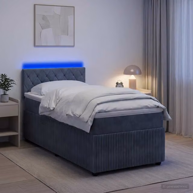 Cama Maison Exclusive con base tapizada en terciopelo gris oscuro, colchón híbrido con muelles ensacados, luz LED bajo la cama y puerto de carga USB, An/P/Al: 140 x 190 x 46 cm