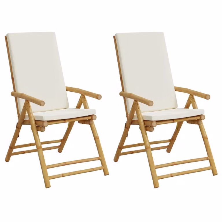 Set de 2 sillas de jardín plegables y reclinables Syfax de bambú con cojines en marrón y blanco