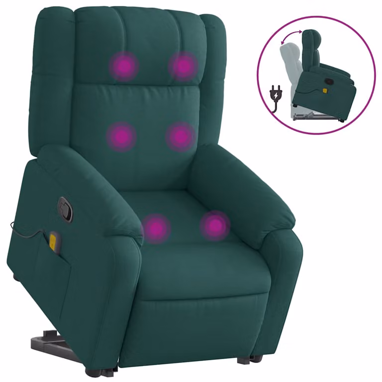 Silla de masaje reclinable vidaXL en tela verde oscura con reposabrazos y diseño moderno