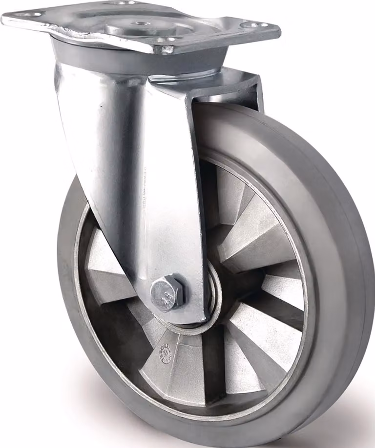 Rueda giratoria TECWERK de goma elástica gris con placa de acero galvanizado y aluminio para cargas pesadas de 400 kg con diámetro de 160 mm