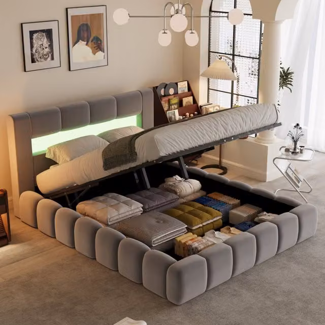 Cama Omaha de Concept Usine con canapé abatible, iluminación LED y cabecero estilo nube en terciopelo gris, An/P/Al: 180 x 200 x 66 cm