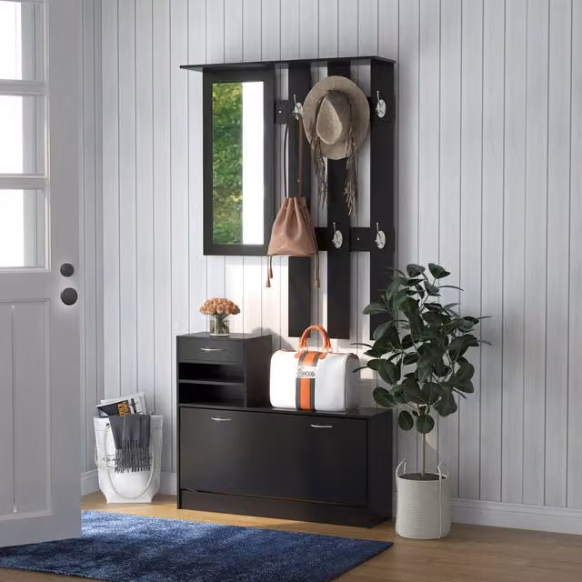 Conjunto de mueble moderno para recibidor PZCC con zapatero, espejo, perchero de 6 ganchos y estantes ajustables en madera color negro, An/P/Al: 90 x 24 x 177 cm