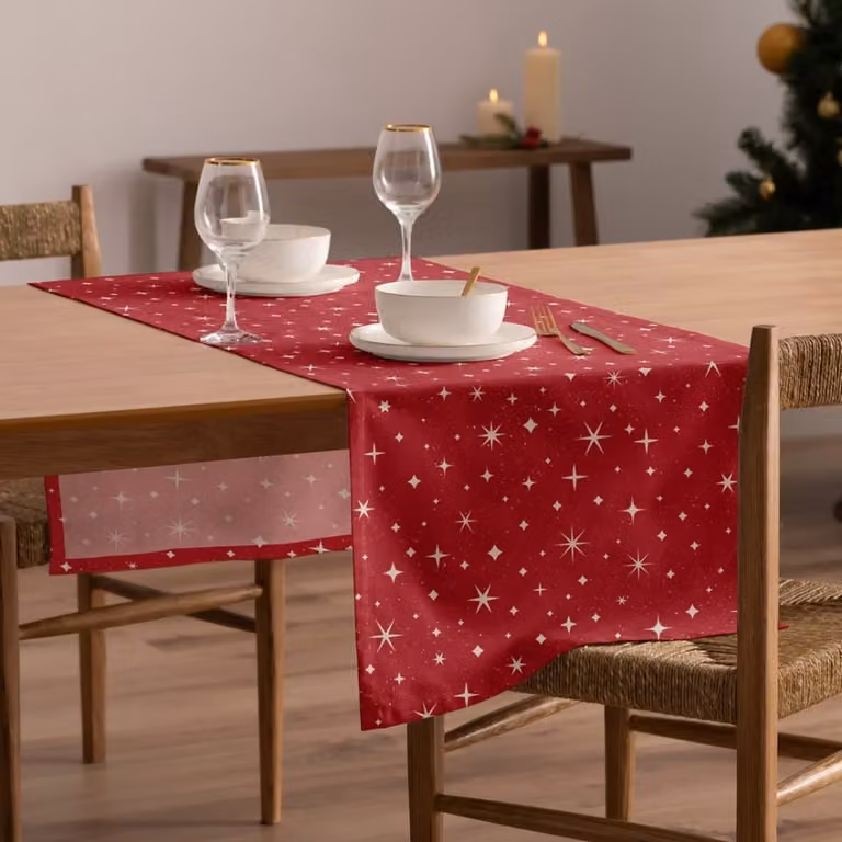 Camino de mesa de Navidad con estrellas en color rojo y multicolor, de algodón, repelente al agua y manchas, An/P: 50 x 155 cm