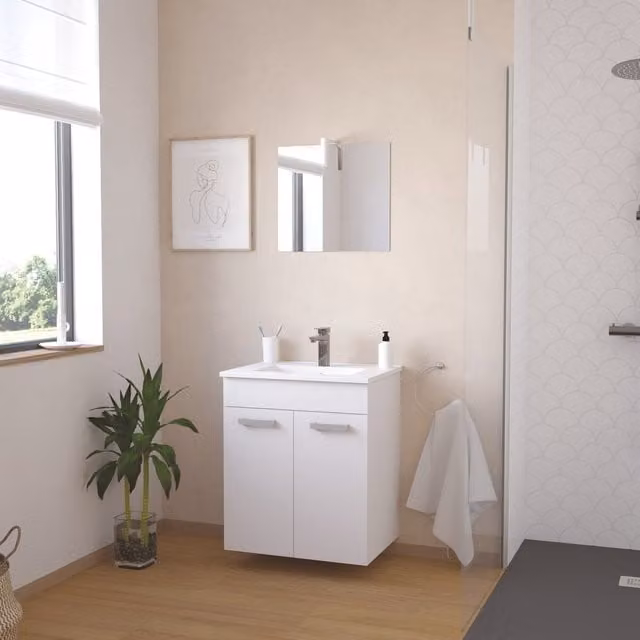 Mueble de baño colgante ONDÉE Smart con lavabo de cerámica y espejo con iluminación LED en color blanco