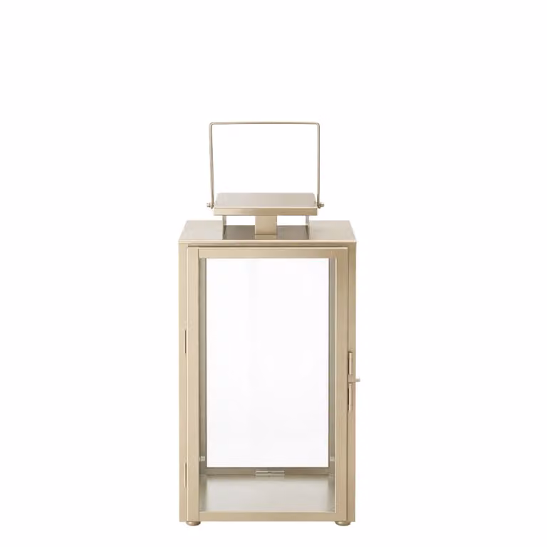 Farol decorativo de mesa Sia Deco en color dorado con vidrio y metal, diseño moderno de estilo rectangular, Altura: 39 cm