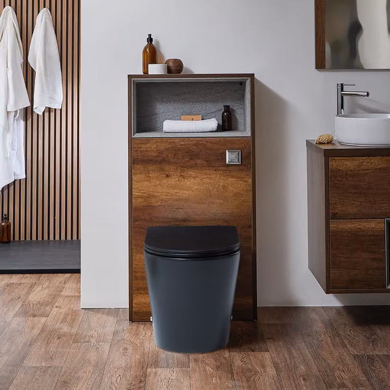Mueble de WC completo Hudson Reed con inodoro de cerámica suspendido, color gris y negro, incluye asiento, cisterna y placa de descarga, An/P/Al: 60 x 54 x 40 cm