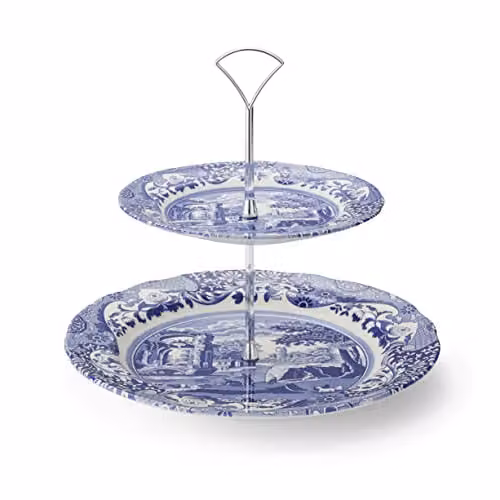 Soporte para pastel de 2 niveles Portmeirion Blue Italian en cerámica azul con diseño floral redondo