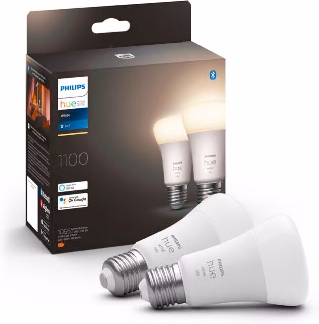 Bombilla inteligente Philips Hue LED blanca con tecnología Bluetooth y Zigbee, regulable, casquillo E27 de 9,5 W