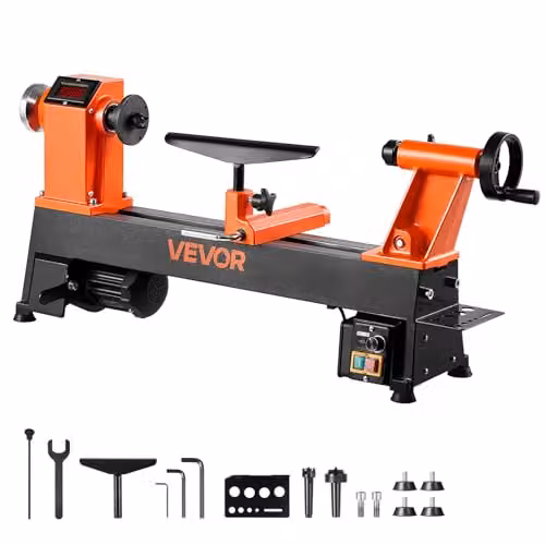 Torno de sobremesa VEVOR de 750 W para carpintería con velocidad variable de 0 a 3800 RPM, motor de CC sin escobillas y construcción de hierro en color naranja
