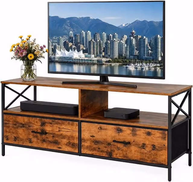 Mueble bajo para TV Relaxdays estilo industrial en negro y marrón con compartimentos para medios, fabricado en MDF y metal, An/P/Al: 120 x 40 x 50 cm